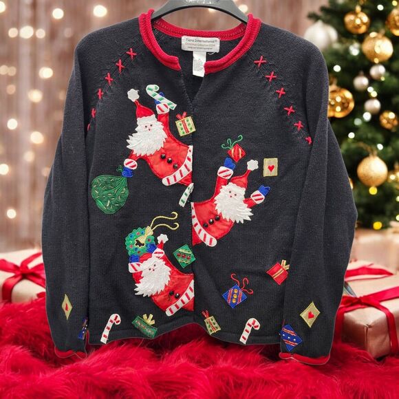 Tiara International Christmas Cardigan Sweater Womens Medium Black Red VTG 2004 - Picture 1 of 8